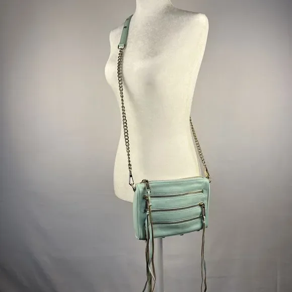 Rebecca Minkoff Crossbody Mini Bag Leather Purse Studded 5 Zip Mint Clutch Tote - Picture 16 of 16